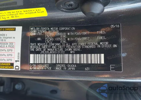 2016 Toyota 4Runner Sr5 z USA, uszkodzony, nr VIN JTEZU5JR0G5131332